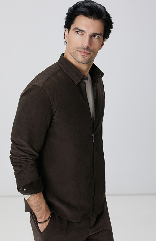 Kahverengi Fitilli Kadife Gömlek