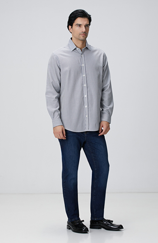 Indigo Çizgi Desenli Gömlek