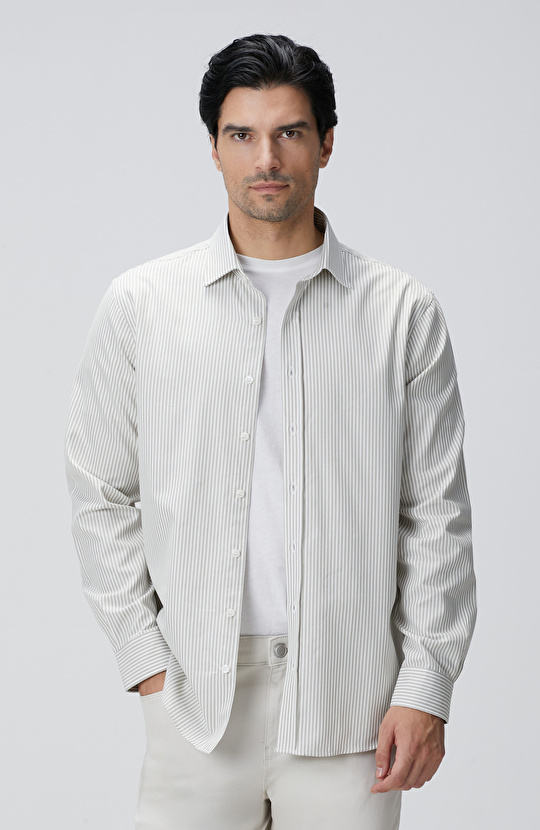 Bej Çizgi Desenli Gömlek