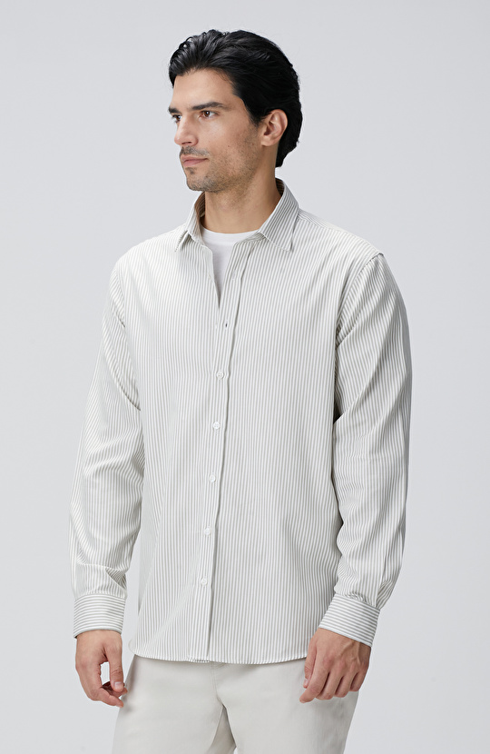 Bej Çizgi Desenli Gömlek