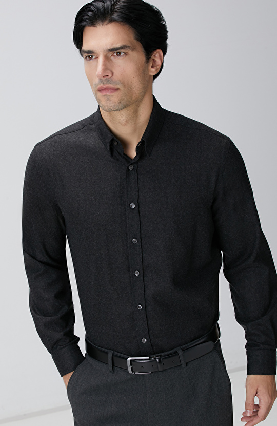 Antrasit Diyagonal Yün Karışımlı Gömlek