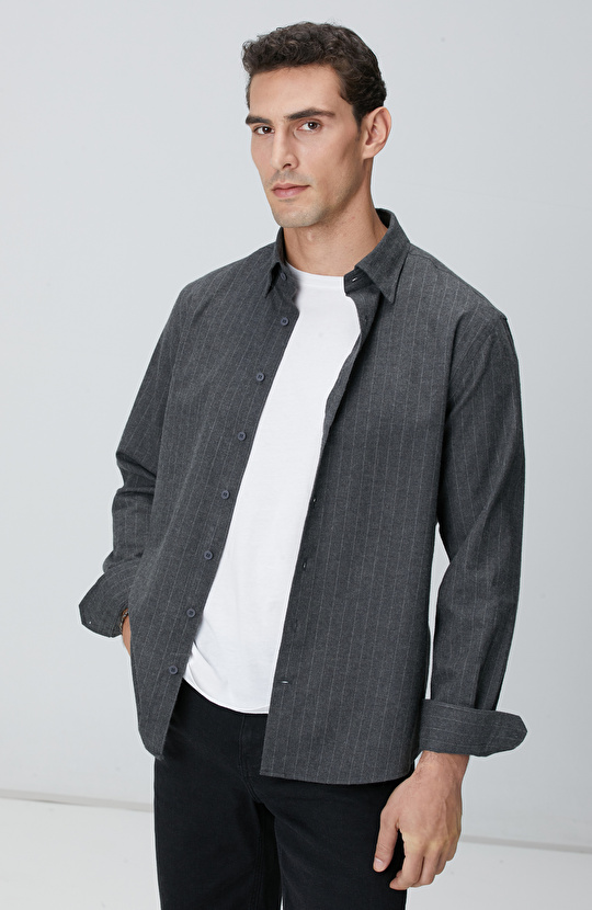 Antrasit Melanj Çizgili Gömlek