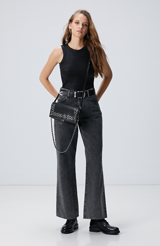 Siyah Varak Baskılı Örme Atlet