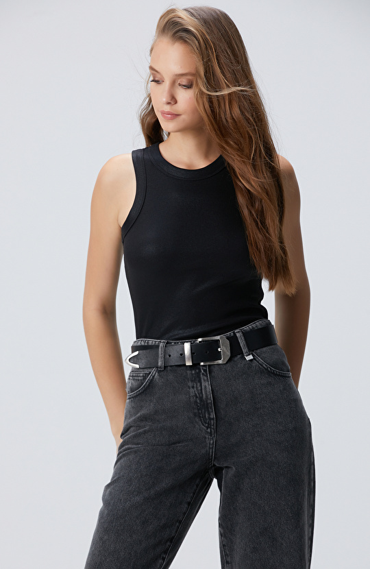 Siyah Varak Baskılı Örme Atlet