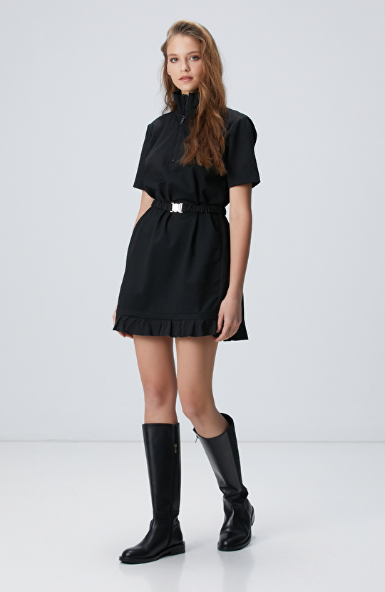 N-Tech Siyah Dokuma Garnili Mini Örme Elbise