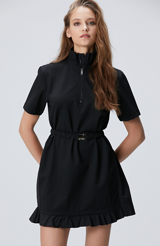 N-Tech Siyah Dokuma Garnili Mini Örme Elbise