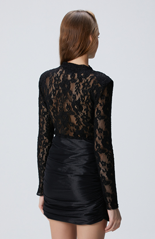 Siyah Güpür Bodysuit Örme Bluz