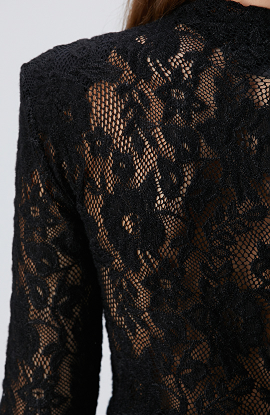 Siyah Güpür Bodysuit Örme Bluz