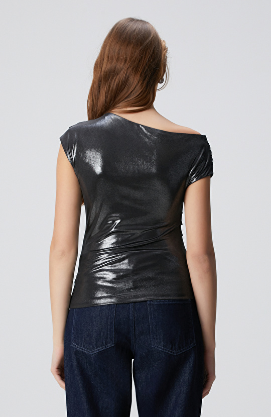 Antrasit Parlak Drapeli Örme Bluz