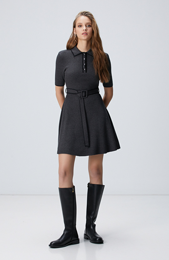 Antrasit Evaze Form Mini Triko Elbise