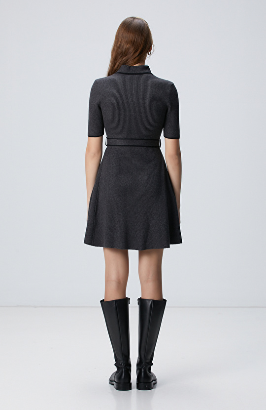 Antrasit Evaze Form Mini Triko Elbise
