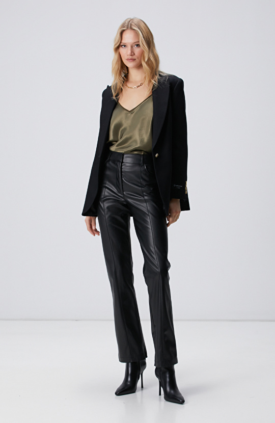 Siyah Vegan Deri Pantolon