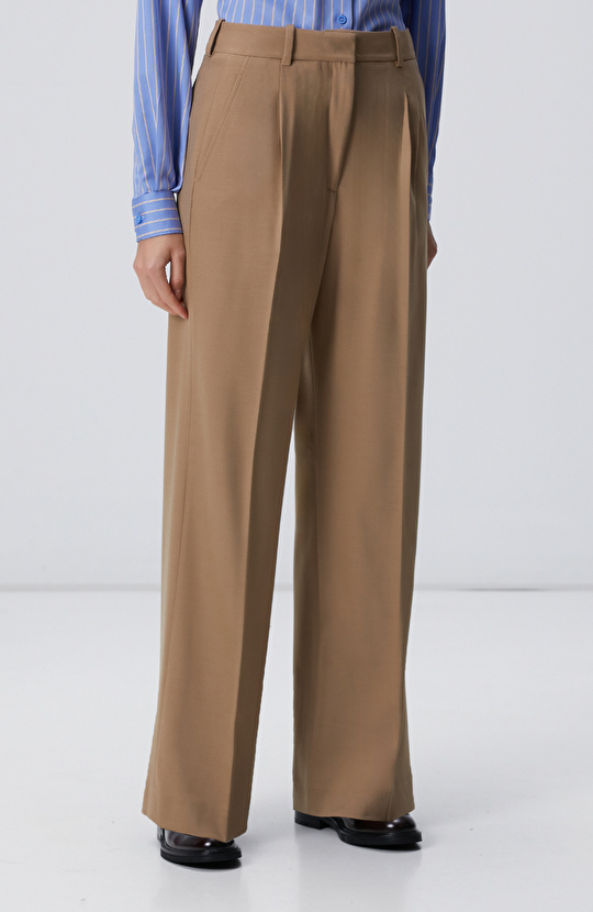 Camel Pileli Yüksek Bel Pantolon
