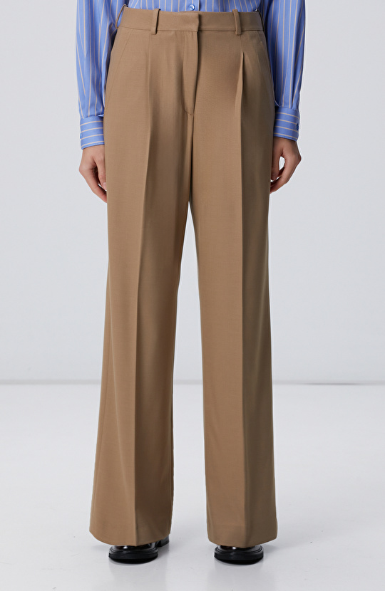 Camel Pileli Yüksek Bel Pantolon
