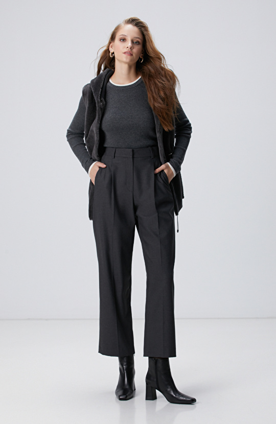 Koyu Gri Pileli Yüksek Bel Pantolon