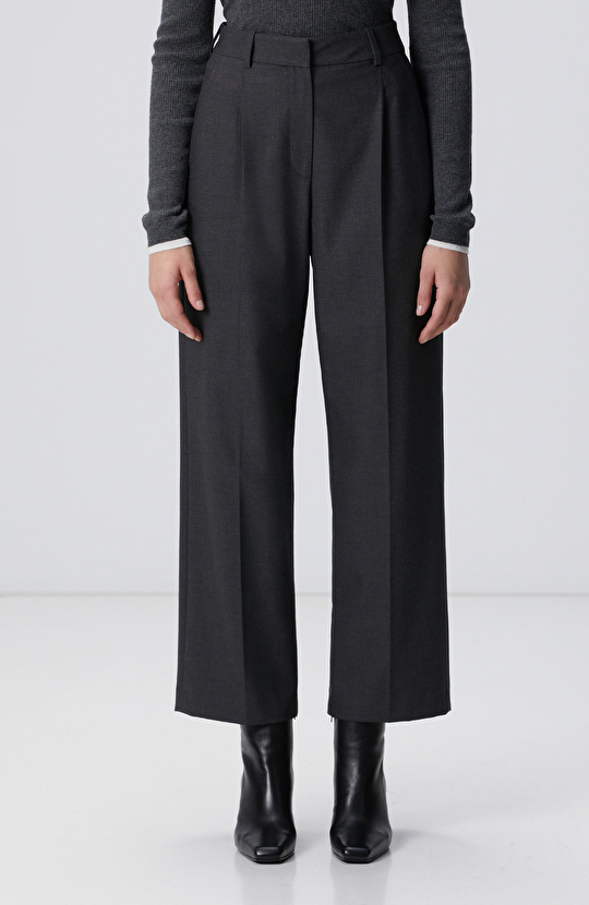 Koyu Gri Pileli Yüksek Bel Pantolon