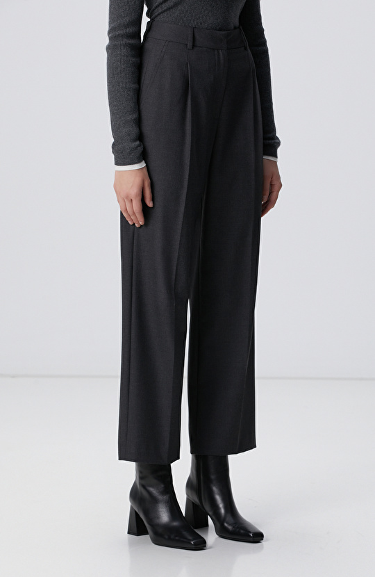 Koyu Gri Pileli Yüksek Bel Pantolon