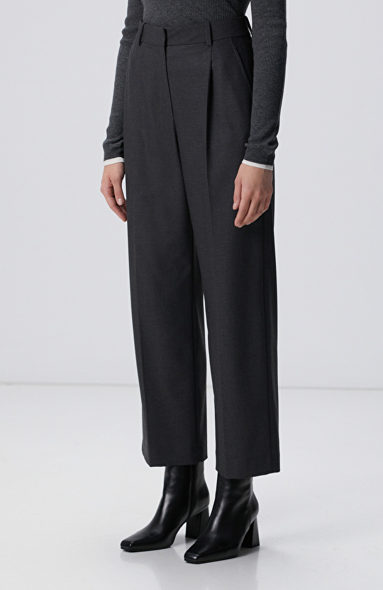 Koyu Gri Pileli Yüksek Bel Pantolon
