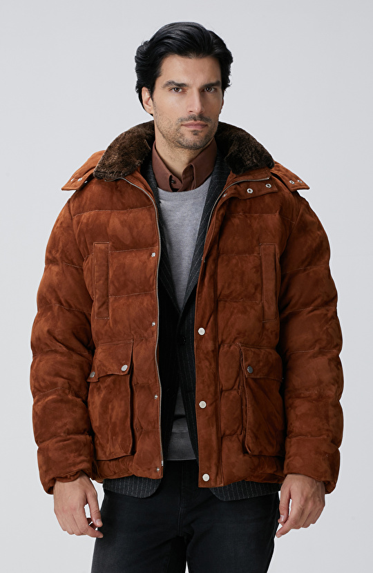 Tarçın Kapüşonlu Deri Kaban