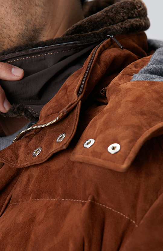 Tarçın Kapüşonlu Deri Kaban