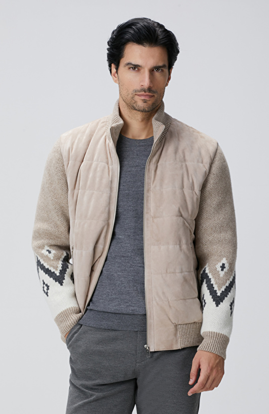 Bej Triko Detaylı Deri Mont