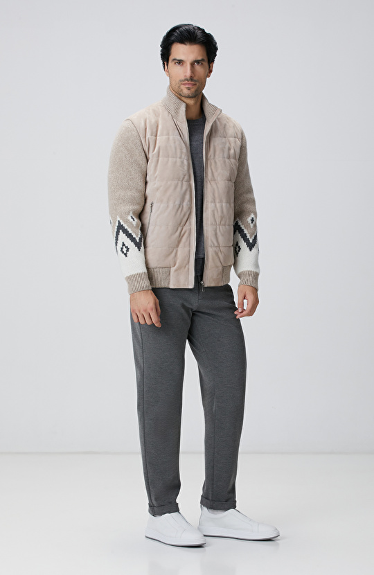 Bej Triko Detaylı Deri Mont