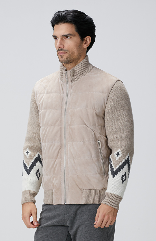 Bej Triko Detaylı Deri Mont