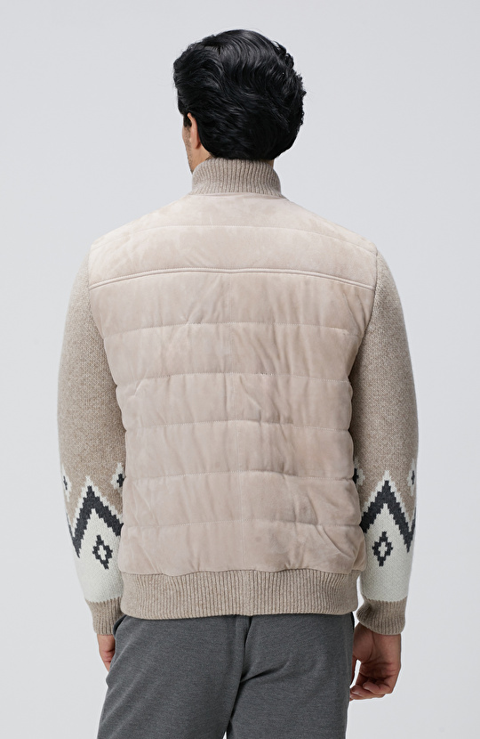 Bej Triko Detaylı Deri Mont