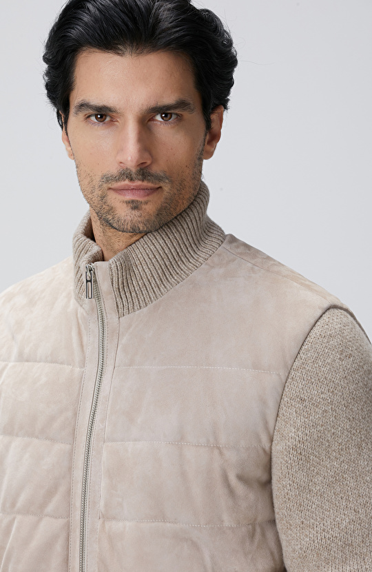 Bej Triko Detaylı Deri Mont