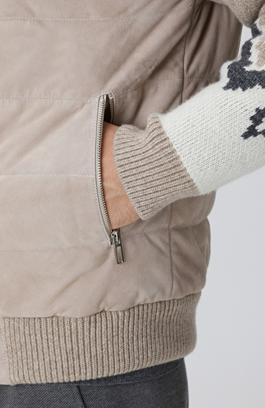 Bej Triko Detaylı Deri Mont