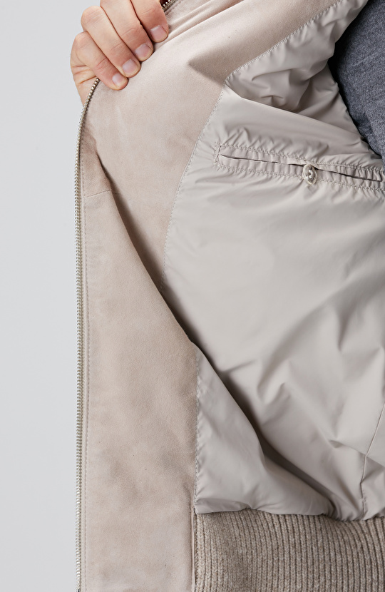 Bej Triko Detaylı Deri Mont