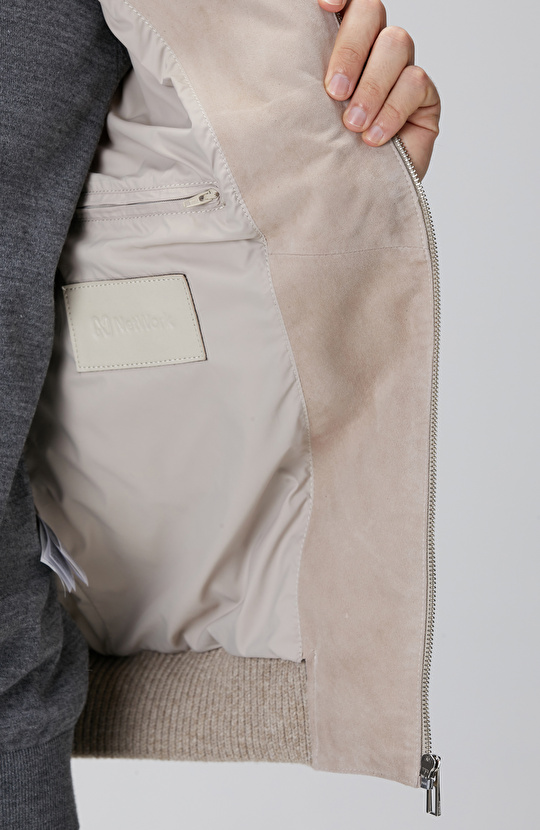 Bej Triko Detaylı Deri Mont