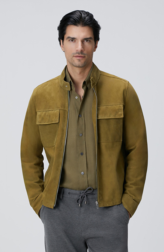 Yağ Yeşili Süet Deri Mont