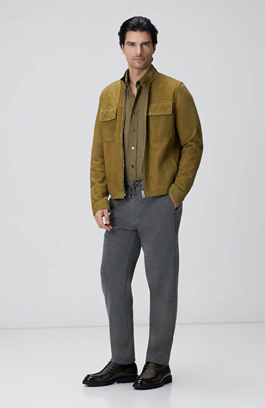 Yağ Yeşili Süet Deri Mont