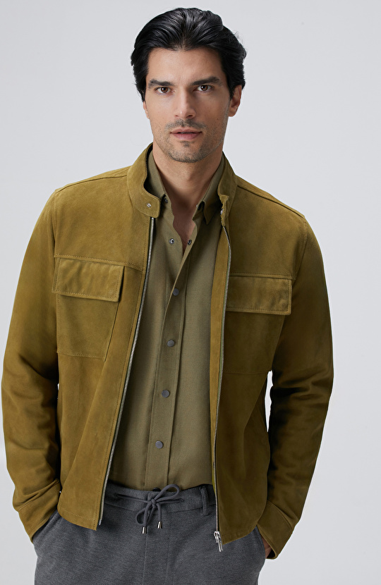 Yağ Yeşili Süet Deri Mont