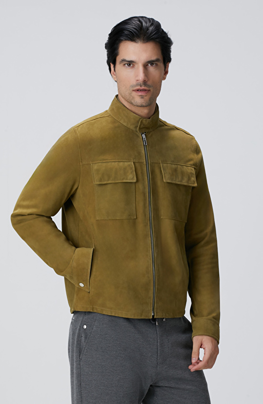 Yağ Yeşili Süet Deri Mont