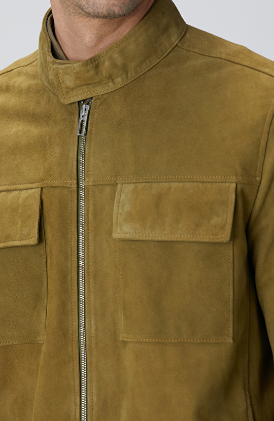 Yağ Yeşili Süet Deri Mont