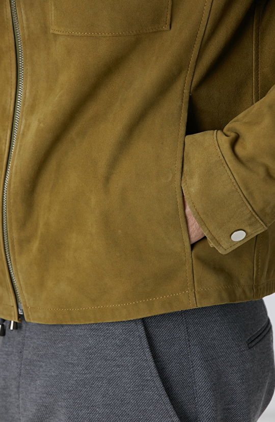 Yağ Yeşili Süet Deri Mont