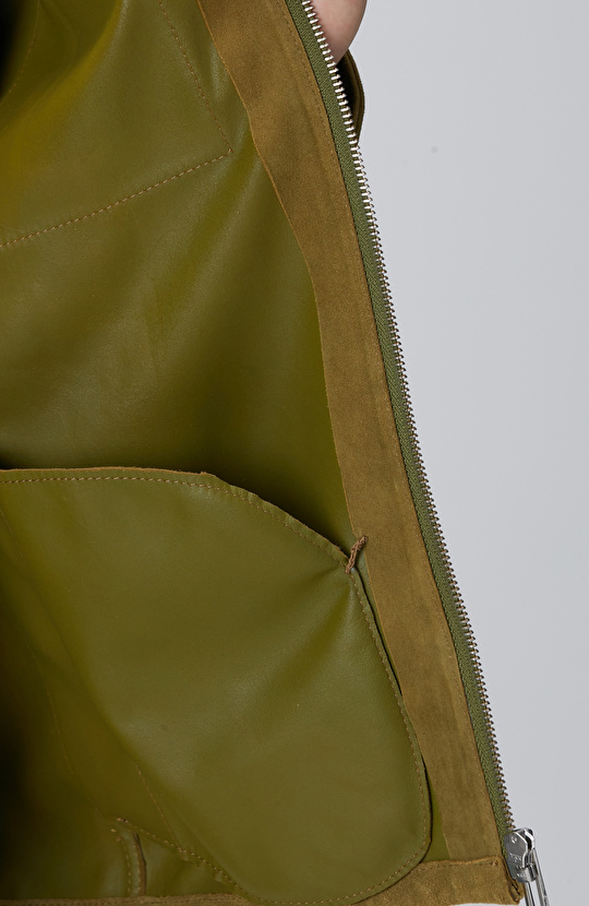 Yağ Yeşili Süet Deri Mont