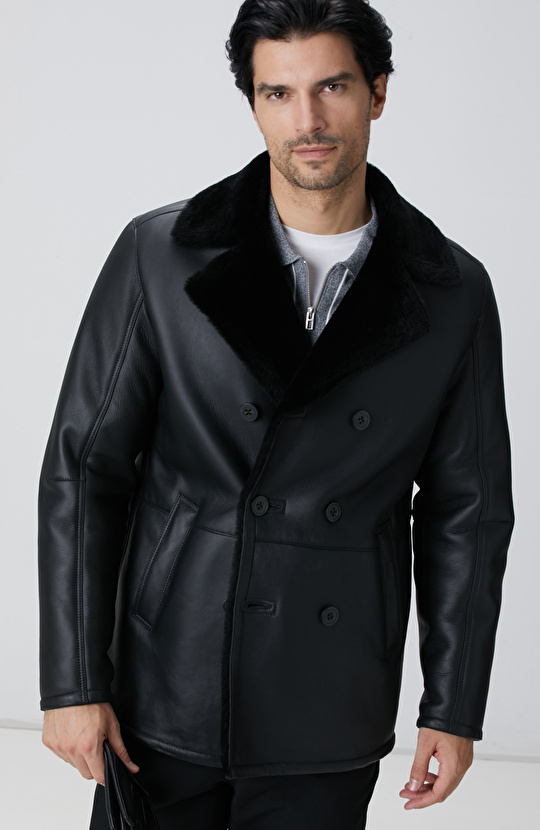 Limited Siyah Kruvaze Yaka Deri Kaban