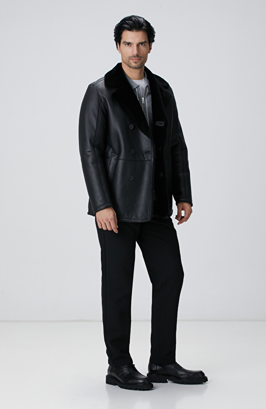 Limited Siyah Kruvaze Yaka Deri Kaban