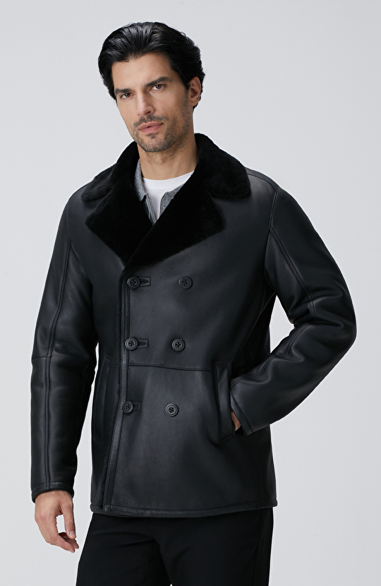 Limited Siyah Kruvaze Yaka Deri Kaban