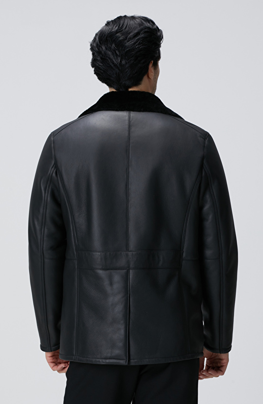 Limited Siyah Kruvaze Yaka Deri Kaban