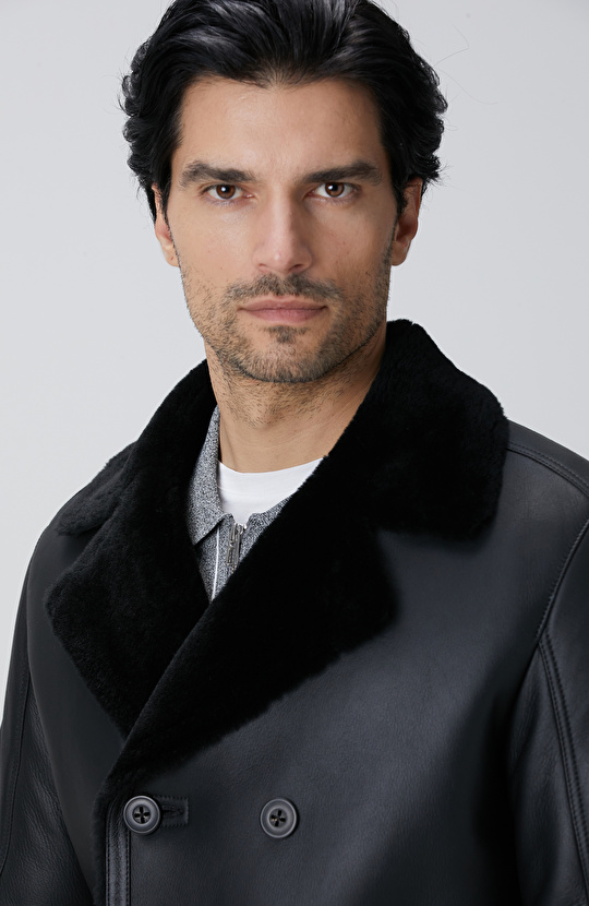 Limited Siyah Kruvaze Yaka Deri Kaban