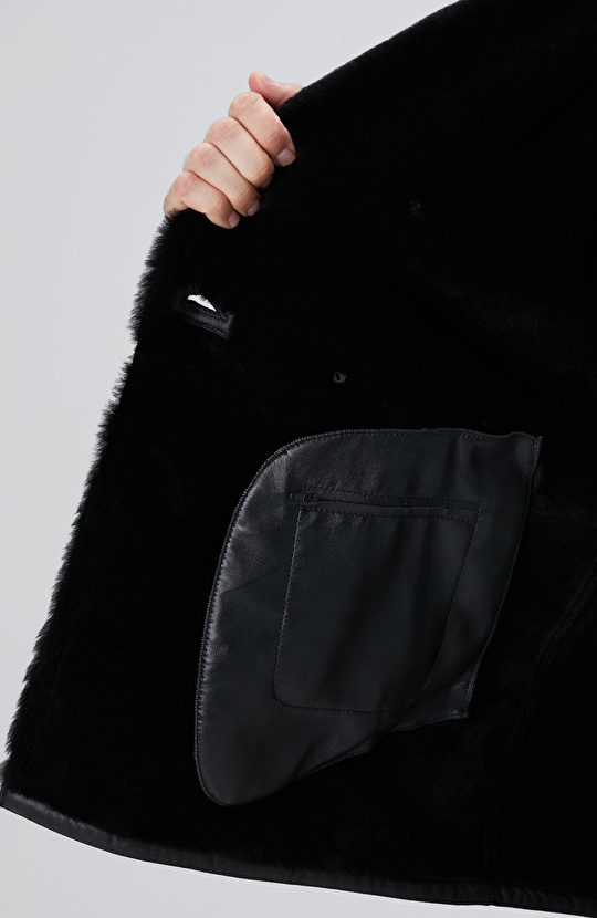 Limited Siyah Kruvaze Yaka Deri Kaban