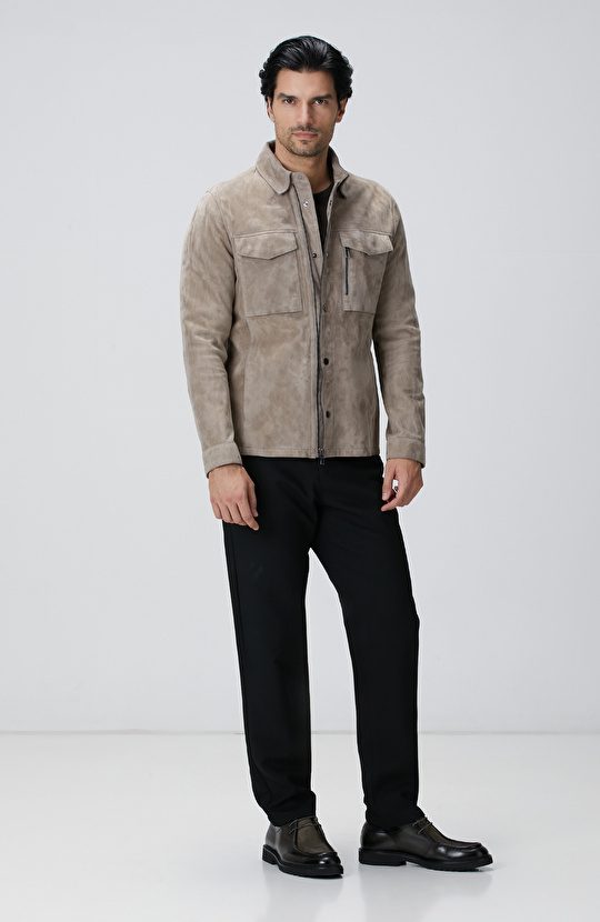 Vizon Çift Cep Detaylı Süet Deri Mont