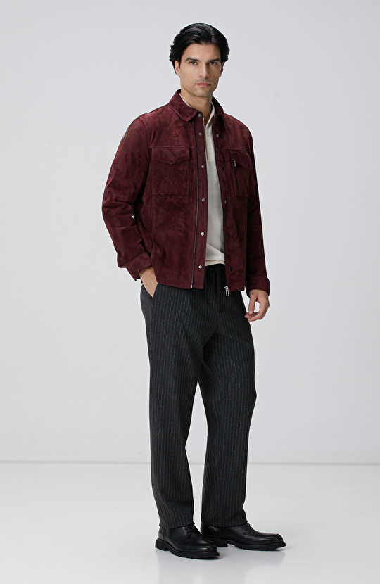 Bordo Çift Cep Detaylı Süet Deri Mont