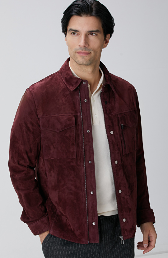 Bordo Çift Cep Detaylı Süet Deri Mont