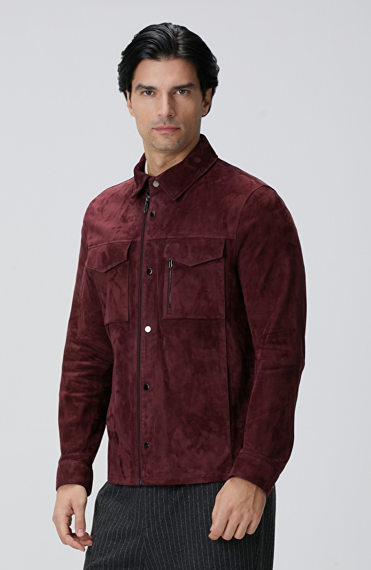 Bordo Çift Cep Detaylı Süet Deri Mont