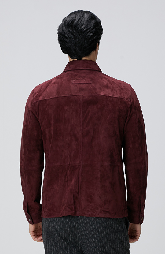 Bordo Çift Cep Detaylı Süet Deri Mont